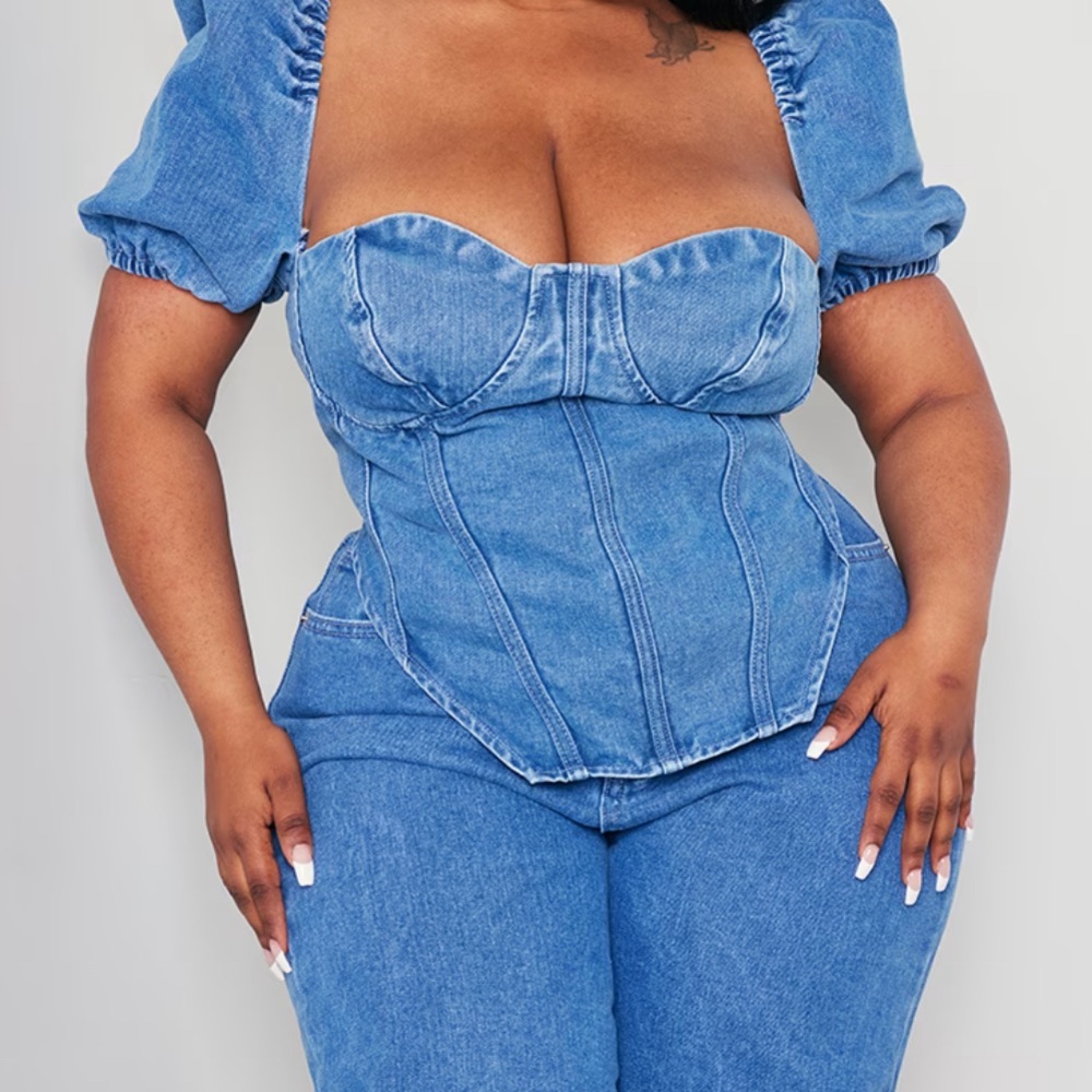 Denim babydoll sleeve (puff sleeve) corset top